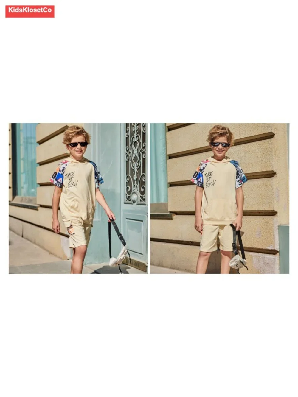 Boys Letter Graphic Short Sleeve Hoodie and Shorts Set 5-12 Years